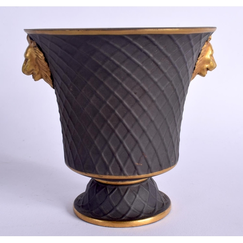 296 - 19TH CENTURY BASALT FINE BASKET WEAVE BEAKER AND SAUCER WITH GILT DECORATION. Cup 10.5cm High  Sauce... 
