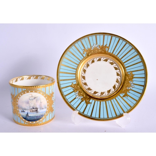 297 - 20TH CENTURY LYNTON PORCELAIN COFFEE CAN AND SAUCER PAINTED WITH A SAILING SCENE BY S. NOWAKI  SIGNE... 