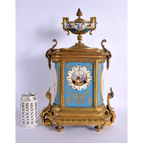 362 - A LARGE 19TH CENTURY FRENCH SEVRES PORCELAIN GILT BRONZE MANTEL CLOCK painted with motifs and figure... 