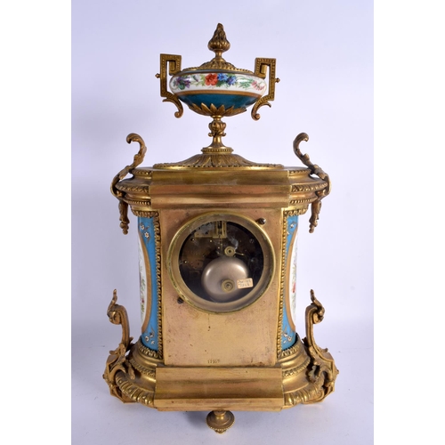 362 - A LARGE 19TH CENTURY FRENCH SEVRES PORCELAIN GILT BRONZE MANTEL CLOCK painted with motifs and figure... 