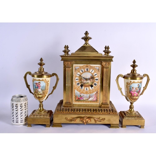 364 - A LARGE 19TH CENTURY FRENCH SEVRES PORCELAIN AND BRONZE CLOCK GARNITURE painted with figures in land... 