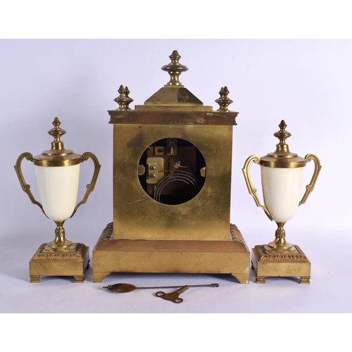 364 - A LARGE 19TH CENTURY FRENCH SEVRES PORCELAIN AND BRONZE CLOCK GARNITURE painted with figures in land... 