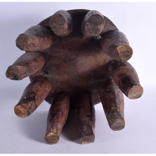 366 - A LARGE NEAR PAIR OF EARLY 20TH CENTURY AFRICAN TRIBAL WOOD STOOLS with chip carved decoration. Larg... 