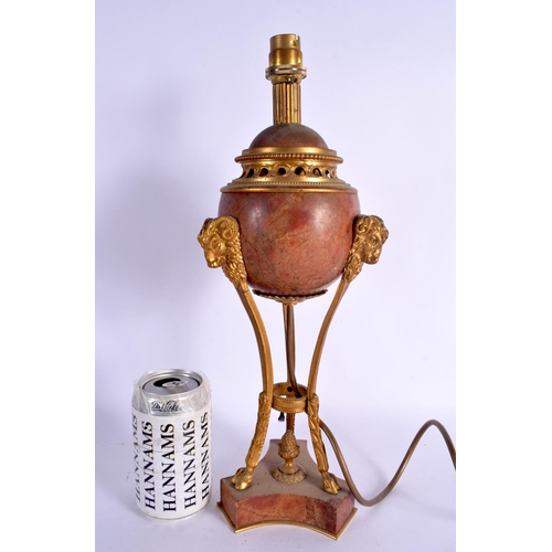 370 - A LARGE 19TH CENTURY ITALIAN GRAND TOUR CARVED RED MARBLE LAMP mounted with gilt bronze mask heads. ... 