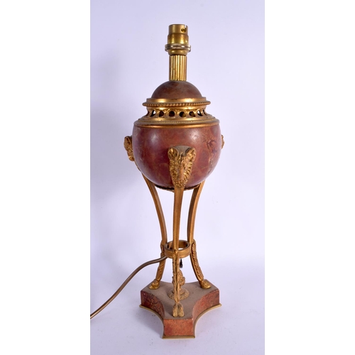 370 - A LARGE 19TH CENTURY ITALIAN GRAND TOUR CARVED RED MARBLE LAMP mounted with gilt bronze mask heads. ... 
