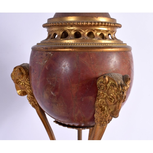 370 - A LARGE 19TH CENTURY ITALIAN GRAND TOUR CARVED RED MARBLE LAMP mounted with gilt bronze mask heads. ... 