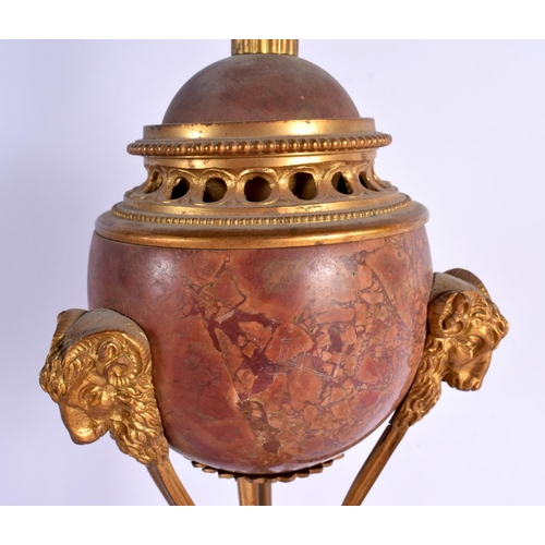 370 - A LARGE 19TH CENTURY ITALIAN GRAND TOUR CARVED RED MARBLE LAMP mounted with gilt bronze mask heads. ... 