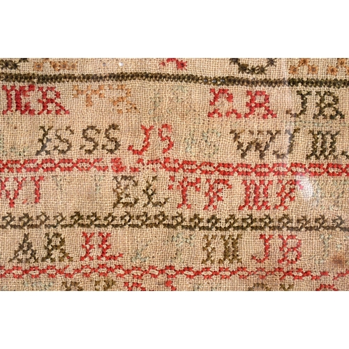 379 - A FRAMED 19TH CENTURY EMBROIDERED SAMPLER. 33 cm square.