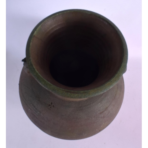 382 - AN UNUSUAL RETRO STUDIO POTTERY STONEWARE VASE engraved with a female portrait. 38 cm x 18 cm.