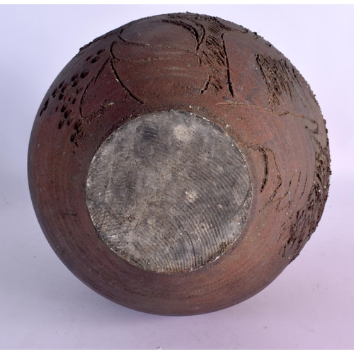 382 - AN UNUSUAL RETRO STUDIO POTTERY STONEWARE VASE engraved with a female portrait. 38 cm x 18 cm.