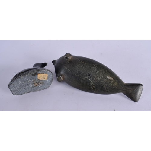 386 - TWO INUIT CARVED STONE FIGURES OF ANIMALS together with a whale bone necklace etc. (6)