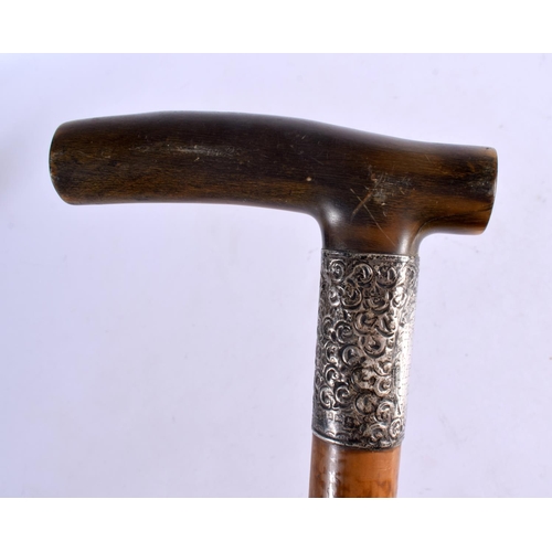 387 - A 19TH CENTURY MIDDLE EASTERN CARVED RHINOCEROS HORN WALKING CANE. 90 cm long.