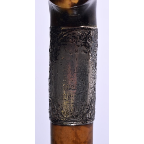 387 - A 19TH CENTURY MIDDLE EASTERN CARVED RHINOCEROS HORN WALKING CANE. 90 cm long.