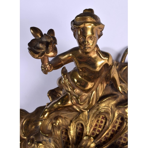 390 - A LARGE 19TH CENTURY FRENCH GILT BRONZE HANGING CARTEL CLOCK decorated with figures in various pursu... 