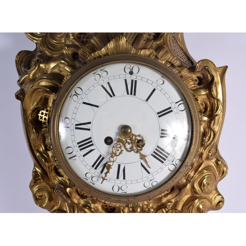 390 - A LARGE 19TH CENTURY FRENCH GILT BRONZE HANGING CARTEL CLOCK decorated with figures in various pursu... 