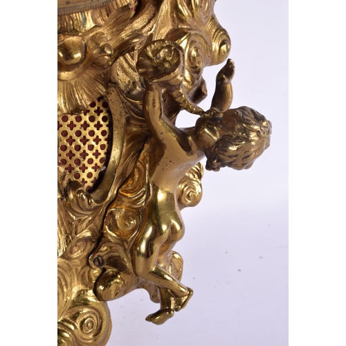 390 - A LARGE 19TH CENTURY FRENCH GILT BRONZE HANGING CARTEL CLOCK decorated with figures in various pursu... 