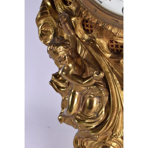 390 - A LARGE 19TH CENTURY FRENCH GILT BRONZE HANGING CARTEL CLOCK decorated with figures in various pursu... 