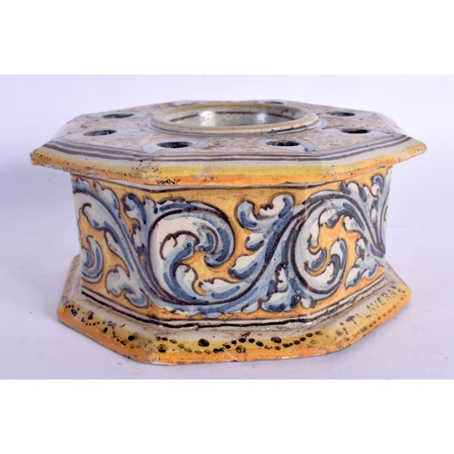 393 - A FINE 17TH/18TH CENTURY EUROPEAN FAIENCE OCTAGONAL INKWELL painted with scrolling foliage and vines... 
