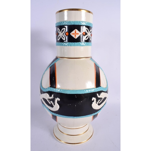 395 - A STYLISH ARTS AND CRAFTS DRESSER STYLE POTTERY JUG decorated with motifs. 34 cm x 14 cm.