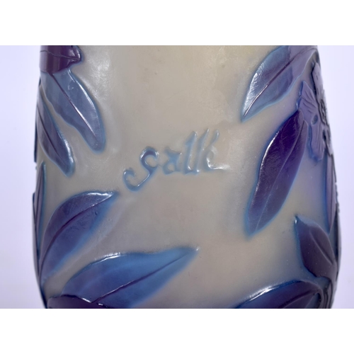 399 - A FRENCH GALLE CAMEO GLASS VASE decorated with puce foliage. 17 cm high.