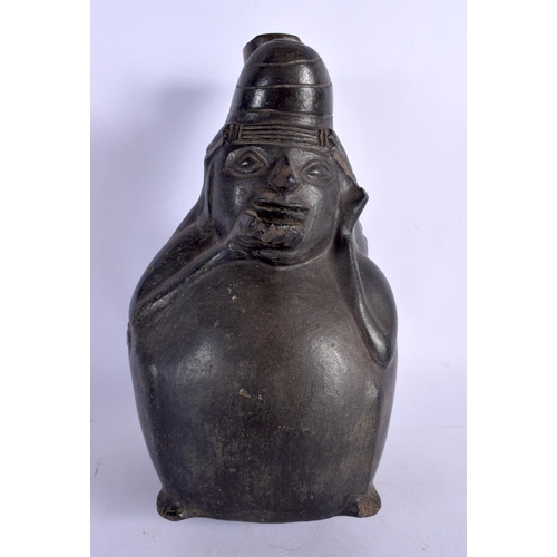 403 - A RARE EARLY SOUTH AMERICAN CARVED AND PAINTED TERRACOTTA VESSEL modelled as a chubby female holding... 