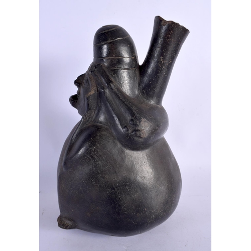 403 - A RARE EARLY SOUTH AMERICAN CARVED AND PAINTED TERRACOTTA VESSEL modelled as a chubby female holding... 