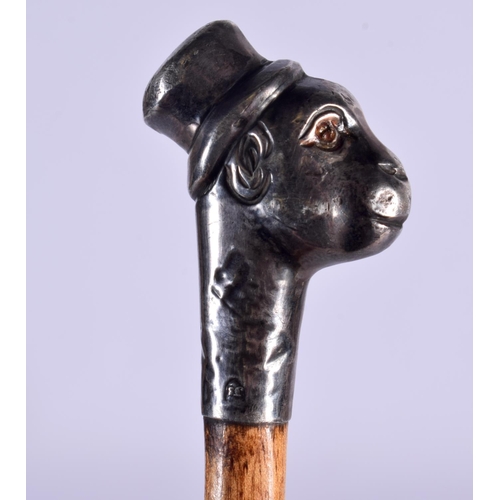 406 - A RARE ANTIQUE SILVER MOUNTED MONKEY HEAD SWAGGER STICK. 80 cm long.