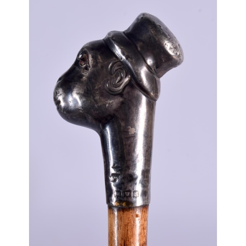 406 - A RARE ANTIQUE SILVER MOUNTED MONKEY HEAD SWAGGER STICK. 80 cm long.