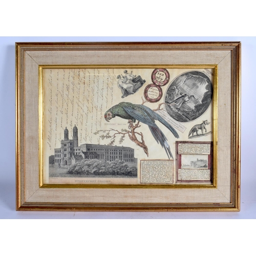 410 - A VERY UNUSUAL 19TH CENTURY STONYHURST COLLEGE ENGRAVING by Roffe  decorated with military macaws et... 