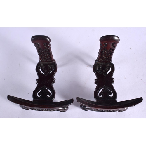 414 - A PAIR OF 19TH CENTURY CHINESE CARVED HARDWOOD PLATE STANDS Qing. 11 cm x 13 cm.