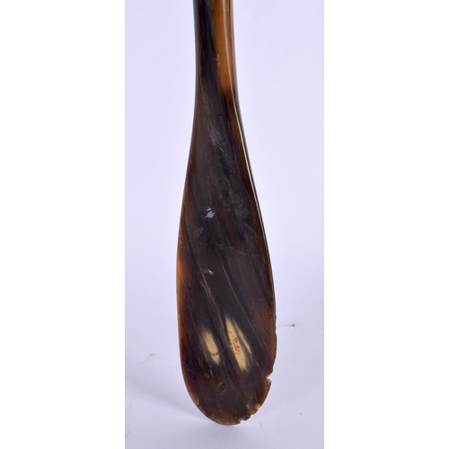 415 - A 19TH CENTURY MIDDLE EASTERN CARVED RHINOCEROS HORN SHOE HORN SWAGGER STICK with hoof terminal. 60 ... 