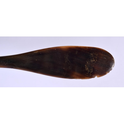 415 - A 19TH CENTURY MIDDLE EASTERN CARVED RHINOCEROS HORN SHOE HORN SWAGGER STICK with hoof terminal. 60 ... 