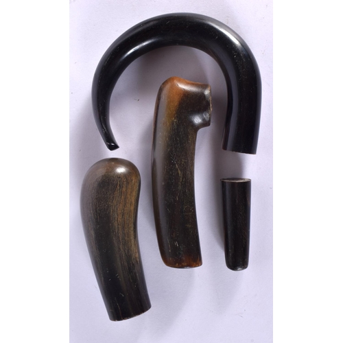 419 - FOUR 19TH CENTURY MIDDLE EASTERN CARVED RHINOCEROS HORN WALKING CANE HANDLES. 262 grams. 10.5 cm x 8... 