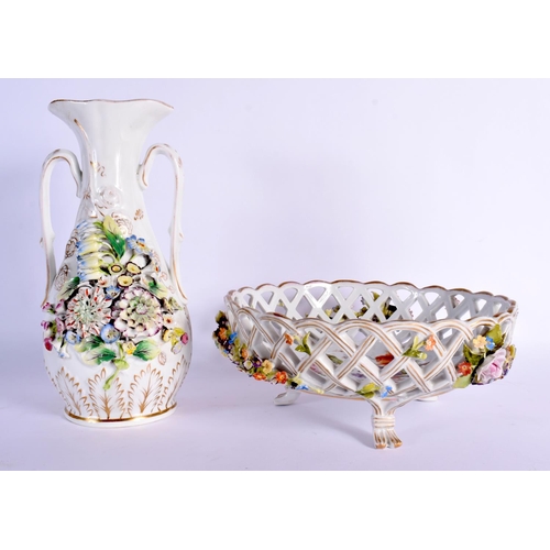 50 - A CONTINENTAL RETICULATED PORCELAIN BASKET together with a twin handled encrusted porcelain vase. La... 