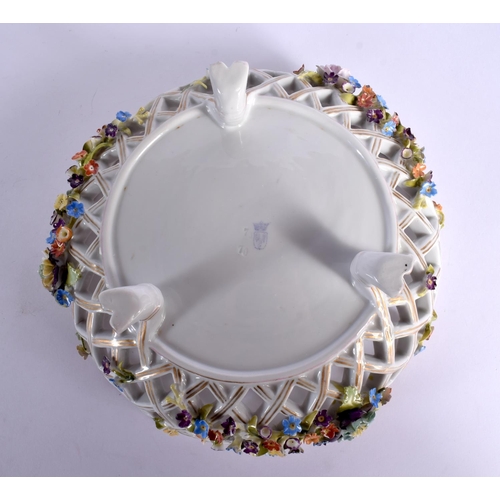 50 - A CONTINENTAL RETICULATED PORCELAIN BASKET together with a twin handled encrusted porcelain vase. La... 