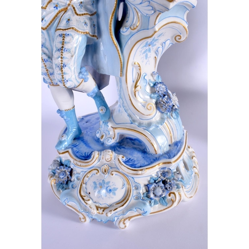 8 - A GOOD LARGE PAIR OF 19TH CENTURY GERMAN BLUE AND WHITE PORCELAIN FIGURES modelled as a female and f... 