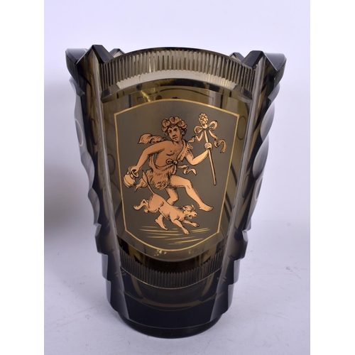 1 - A RARE EARLY 20TH CENTURY SMOKEY GREEN GLASS VASE decorated with gilded panels of figures and animal... 