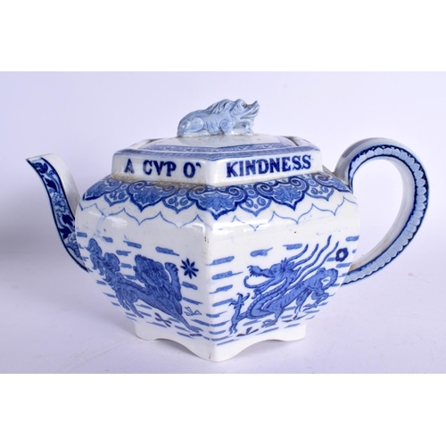 10 - A RARE ANTQUE COPELAND BLUE AND WHITE LANG SYNE TEAPOT AND COVER. 22 cm wide.