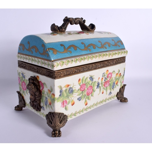 100 - A LARGE CONTINENTAL POTTERY BOX AND COVER with bronze mounts. 22 cm x 22 cm.