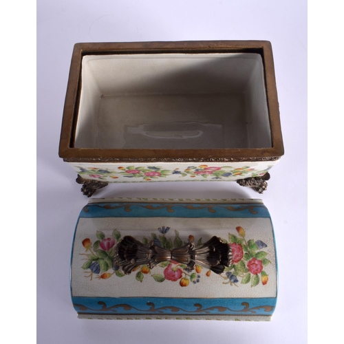 100 - A LARGE CONTINENTAL POTTERY BOX AND COVER with bronze mounts. 22 cm x 22 cm.