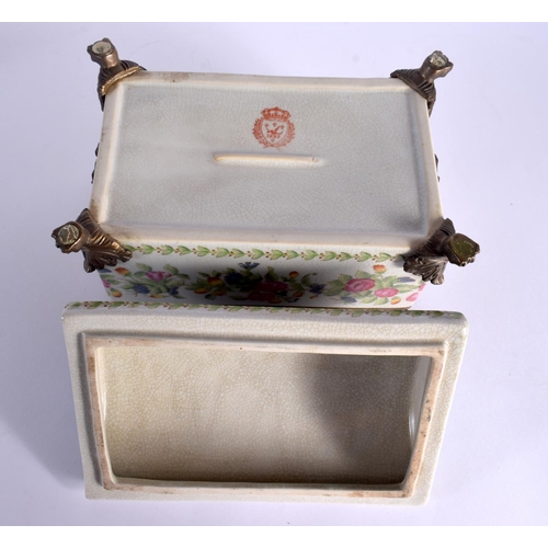 100 - A LARGE CONTINENTAL POTTERY BOX AND COVER with bronze mounts. 22 cm x 22 cm.