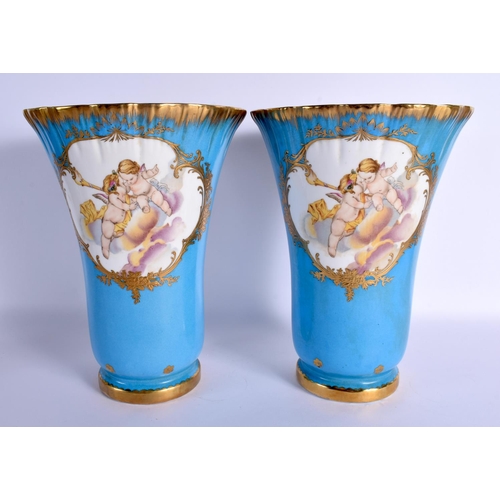 101 - A LARGE PAIR OF CONTINENTAL PORCELAIN SEVRES STYLE VASES. 24 cm x 14 cm.