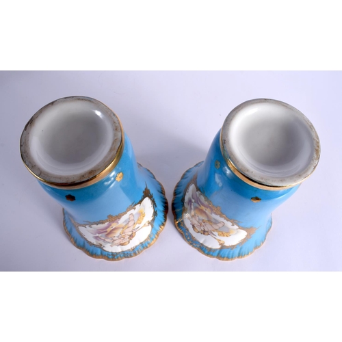 101 - A LARGE PAIR OF CONTINENTAL PORCELAIN SEVRES STYLE VASES. 24 cm x 14 cm.