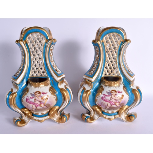 102 - A LARGE PAIR OF CONTINENTAL PORCELAIN SEVRES STYLE VASES. 24 cm x 14 cm.