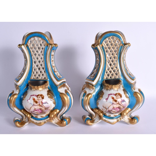 102 - A LARGE PAIR OF CONTINENTAL PORCELAIN SEVRES STYLE VASES. 24 cm x 14 cm.