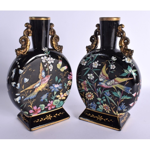 110 - A PAIR OF 19TH CENTURY ENGLISH AESTHETIC MOVEMENT POTTERY MOON FLASKS Attributed to Ridgways. 23 cm ... 