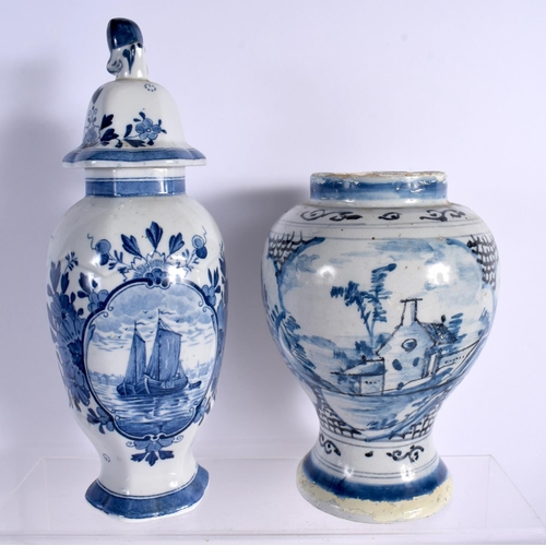 127 - 18th century Dutch Delft vase painted in blue with a house in landscape, two polychrome Delft Makkum... 