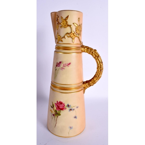 134 - Royal Worcester claret jug shape 1047, painted with flowers on a blush ivory ground date mark. 25cm ... 