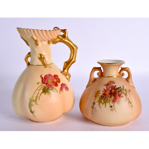 136 - Royal Worcester jug shape 1507 painted with flowers on a blush ivory ground date mark 1896 and and a... 