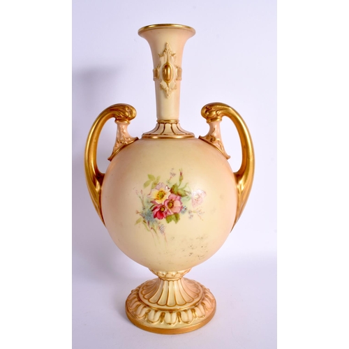 140 - Royal Worcester large vase shape 2128 painted with dog roses and other flowers on a blush ivory grou... 